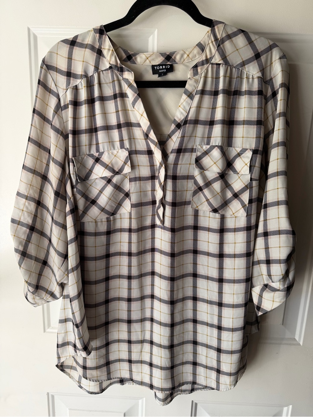 Torrid 2X Plaid Split-Neck Blouse in Cream and Brown